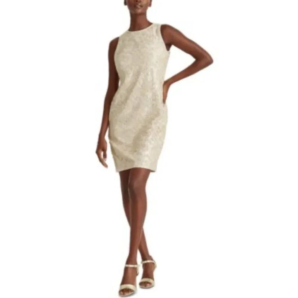 Coldwater Creek Women Cream Floral Embossed Sleeveless Sheath Dress Size 10